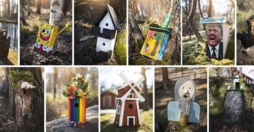 Ett collage med olika utformade fågelholkar