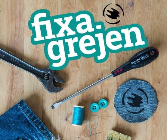 Foto på verktyg, nål och tråd med texten Fixa grejen