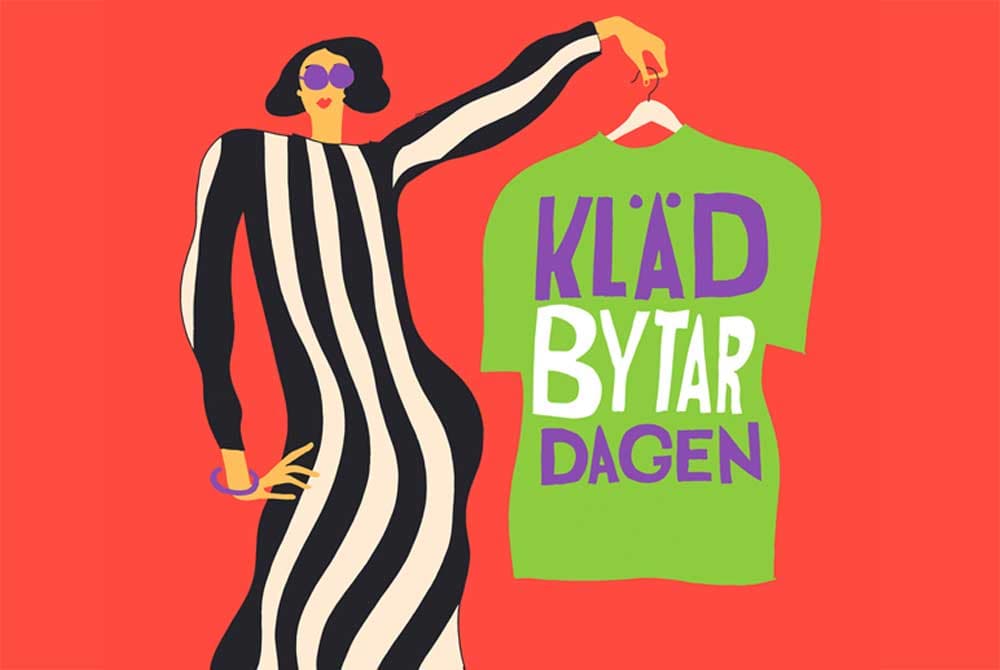 Tecknad illustration av Erica Jacobson för att marknadsföra klädbytardagen. Bilden föreställer en ...