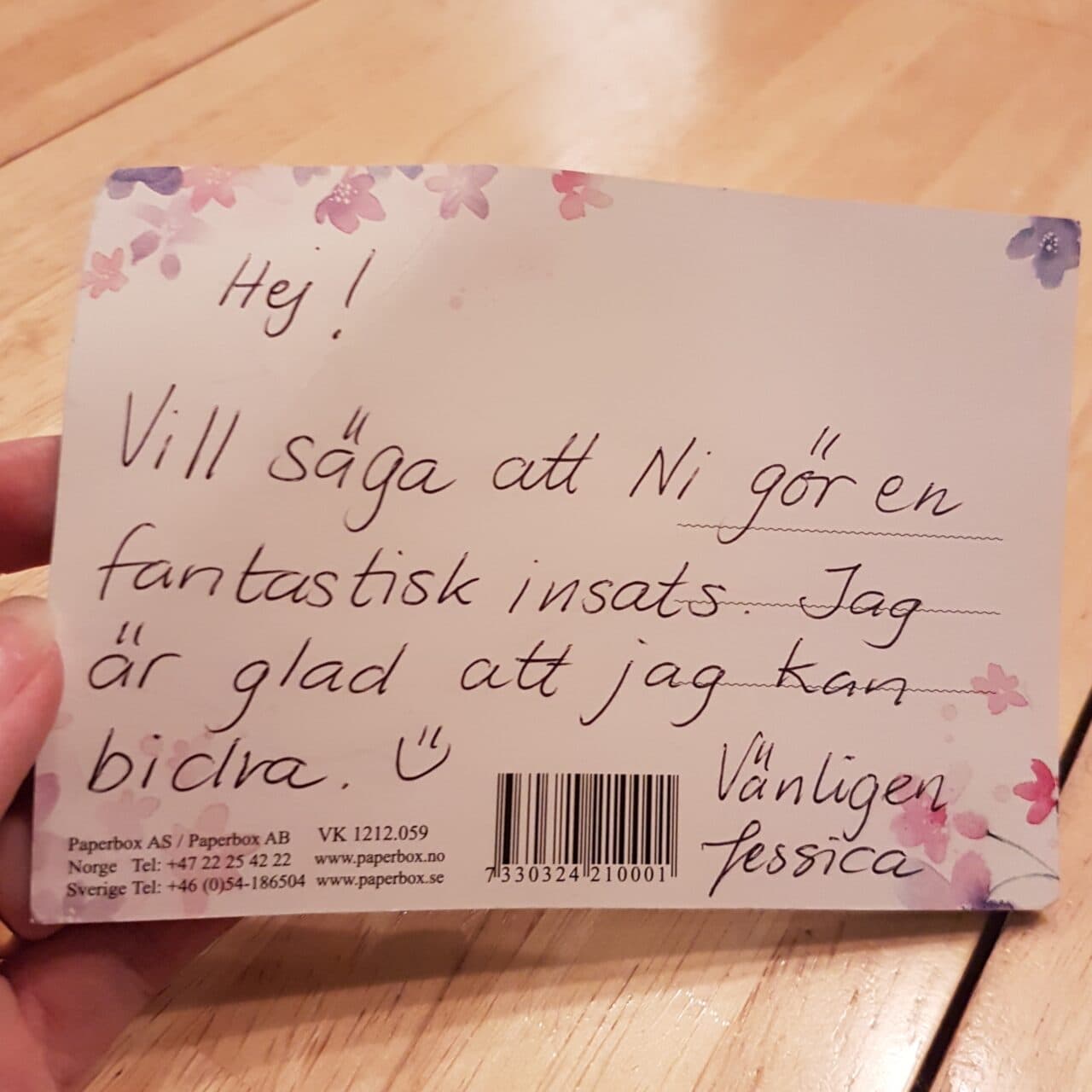 Tackkort som vi fick från en person som lämnade in kläder till klädbytardagen.
