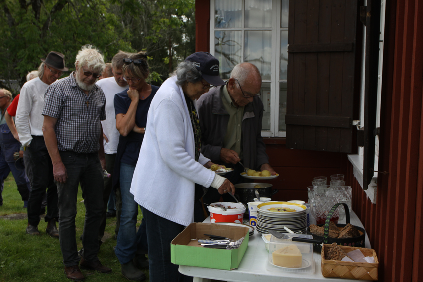 Människor köar för att äta sill o potatis efter arbete med slåtter på Grinnsjö 7 augusti 2016