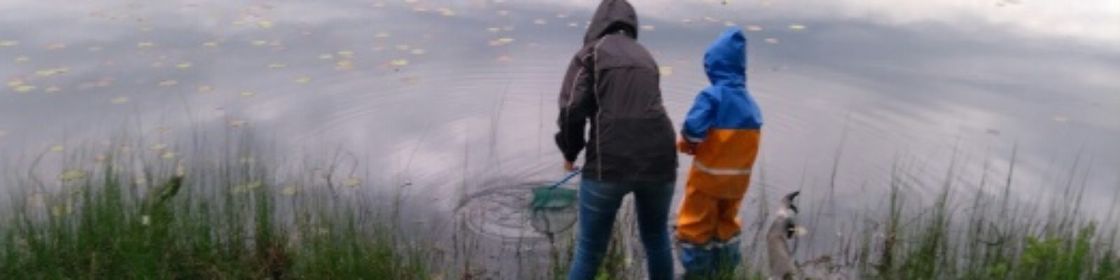 Två personer håvar efter småkryp i vattenbrynet vid Grinnsjön
