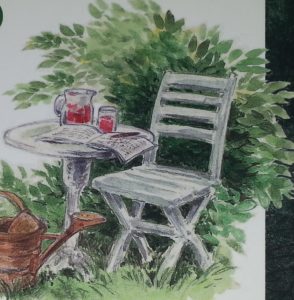 Tecknad bild på trädgårdsbord och en stol och en vattenkanna.