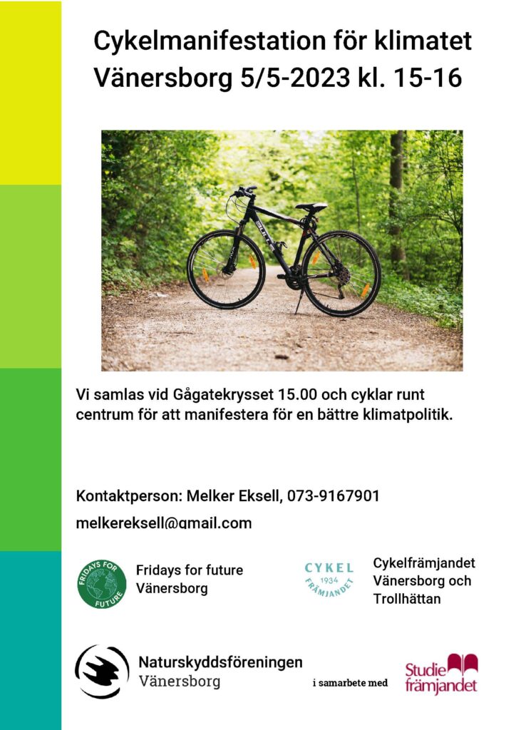 Affisch om cykelmanifestation Fridays For Future Vänersborg 5 maj 2023